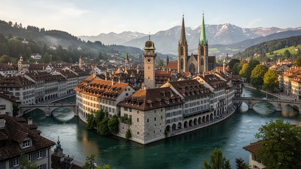 Toits de la vieille ville de Berne et méandre de l'Aar à l'heure dorée, avec la tour de l'horloge Zytglogge et les arcades en grès de la capitale suisse.