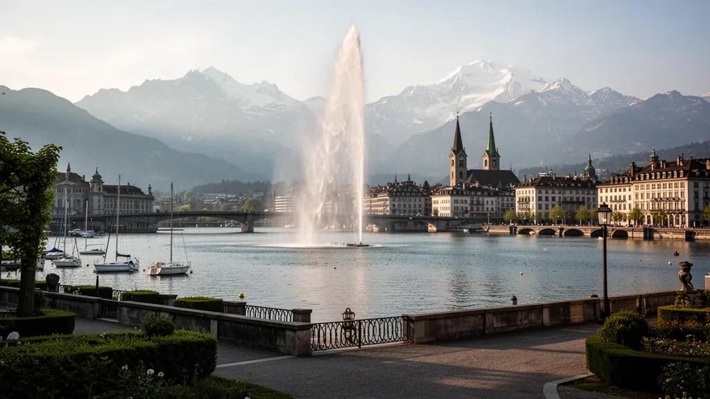Fuente Jet d'Eau elevándose sobre el lago Lemán en Suiza con el perfil del casco antiguo, el puente de Mont Blanc y los Alpes al fondo durante la hora dorada