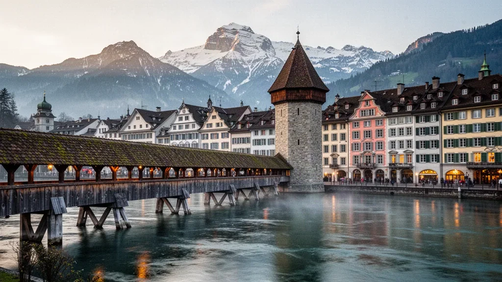 Ponte della Cappella e Torre dell'Acqua sul fiume Reuss a Lucerna, Svizzera, al crepuscolo con le cime alpine dietro il centro storico