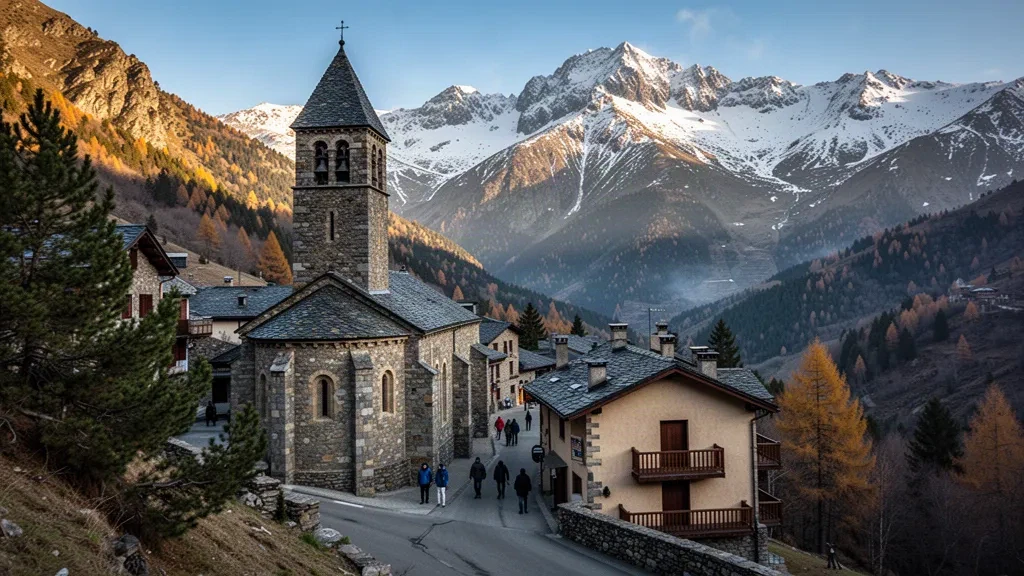 Torre di una chiesa romanica e case in pietra del villaggio di La Massana in Andorra sotto le vette pirenaiche innevate