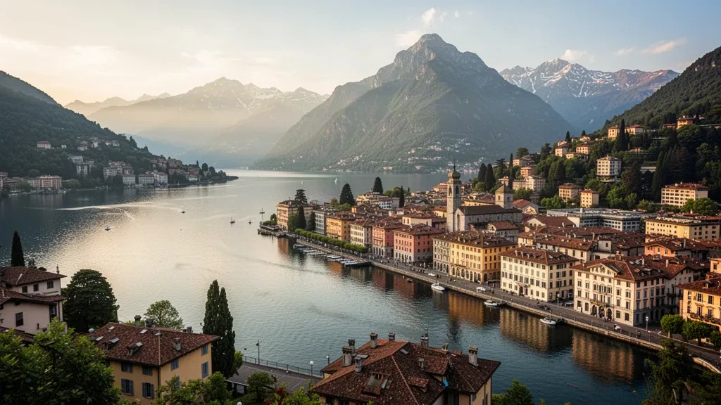 Panoramablick auf Lugano und den Luganersee im Tessin, Schweiz, mit dem Monte San Salvatore und historischer Architektur am Seeufer.