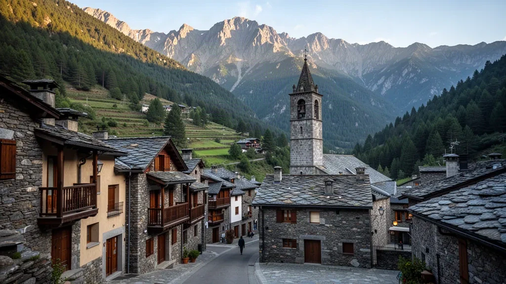 Casas de piedra y el campanario románico de Sant Corneli i Sant Cebrià en Ordino, Andorra, bajo verdes picos pirenaicos