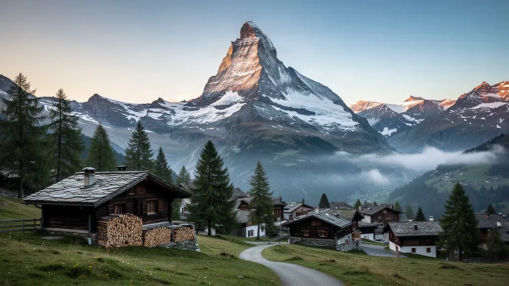 La vetta del Cervino che si erge sopra tradizionali chalet in legno e prati alpini a Zermatt, Vallese, Svizzera, durante l'ora d'oro