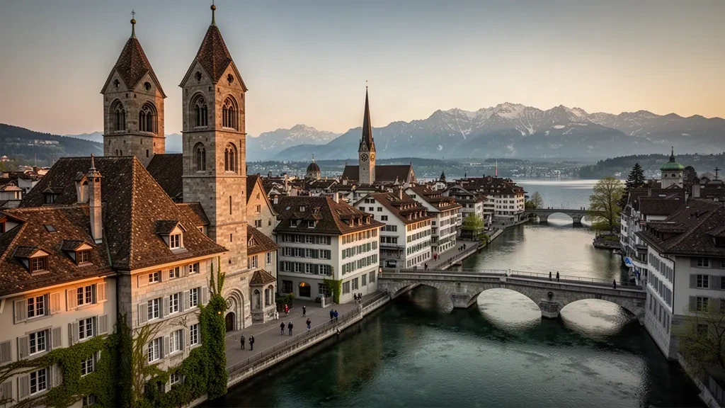 Centro storico di Zurigo con le due torri del Grossmünster e il fiume Limmat che riflette la luce dell'ora d'oro, Svizzera