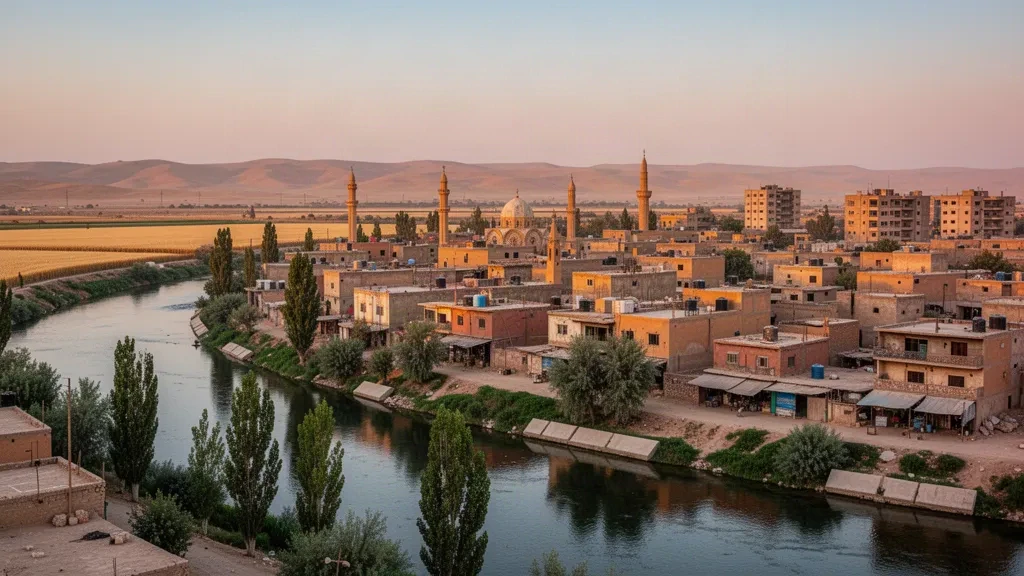 Vue à l'heure dorée sur Al-Hasakah, en Syrie, avec le fleuve Khabour, des toits bas et des minarets dans une lumière chaude de désert