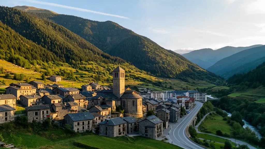 Stone houses and the Romanesque bell tower of Sant Julià de Lòria in the Andorran Pyrenees under warm golden-hour light