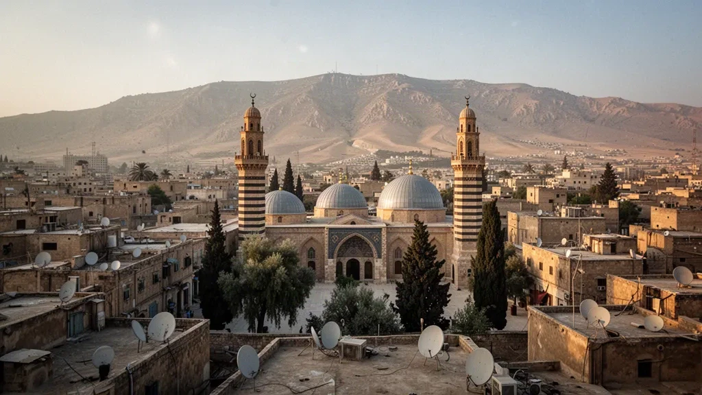 Altın saatte Şam Eski Şehir çatıları üzerinde Emevi Camii minareleri ve arkada yükselen Kasiyun Dağı