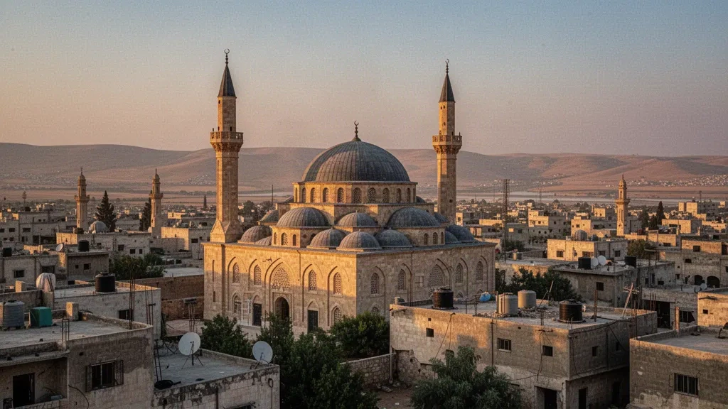 Khalid ibn al-Walid Mosque domes and minarets above the old city skyline of Homs, Syria at golden hour