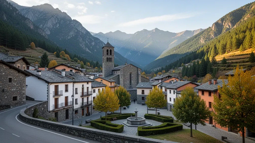 Sant Julià de Lòria en Andorra, una localidad pirenaica en el valle del Gran Valira con su torre de iglesia románica y las montañas de fondo