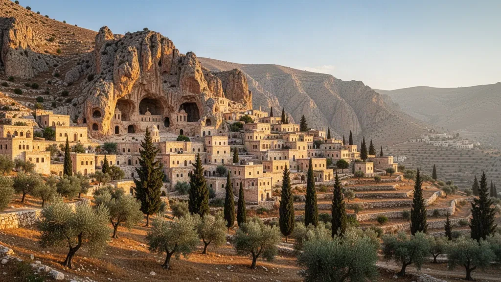 Vue à l'heure dorée des monastères taillés dans la roche et des maisons en pierre de Maaloula dans les monts Qalamoun de Rif Dimashq, en Syrie.