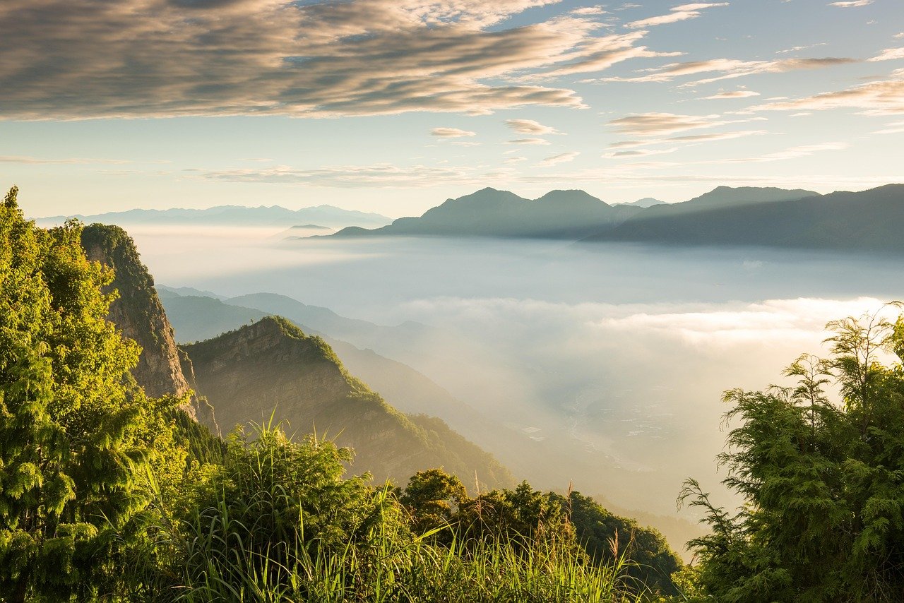 Taiwán, Alishan, nubes, naturaleza, niebla, montaña, luz de la mañana, amanecer