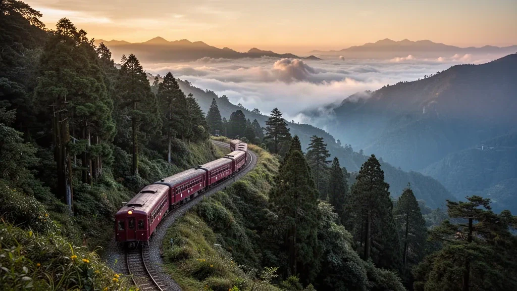 Train rouge du chemin de fer forestier d'Alishan serpentant à travers une forêt de montagne brumeuse dans le comté de Chiayi, Taïwan, au lever du soleil