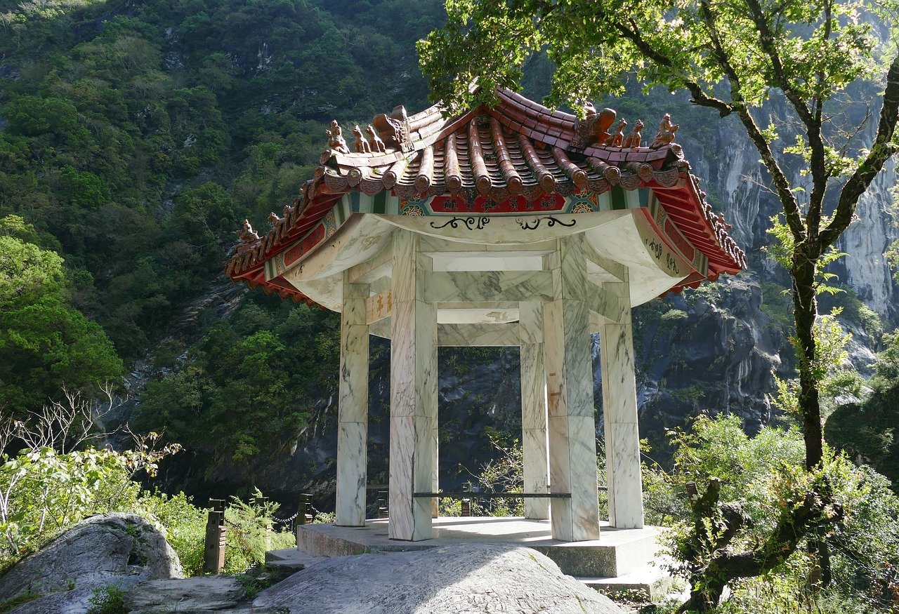 taiwan, asia, china, rock, landscape, nature, canyon, tourism, taroko gorge, temple, marble, taroko, flow, pavilion