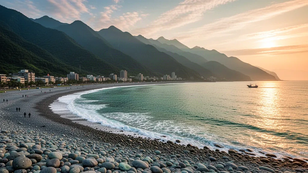 Golden-hour view of Qixingtan Beach in Hualien, Taiwan, with pebble shoreline, Pacific Ocean waves and the Central Mountain Range behind the city