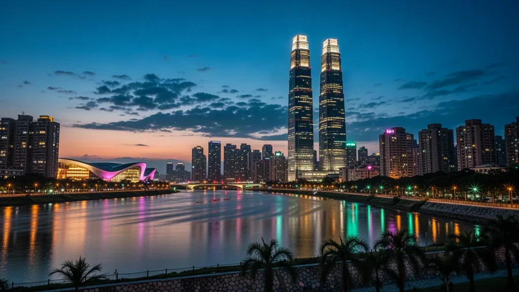 Horizonte de Kaohsiung en la hora azul con la 85 Sky Tower y reflejos brillantes del río Love en Taiwán