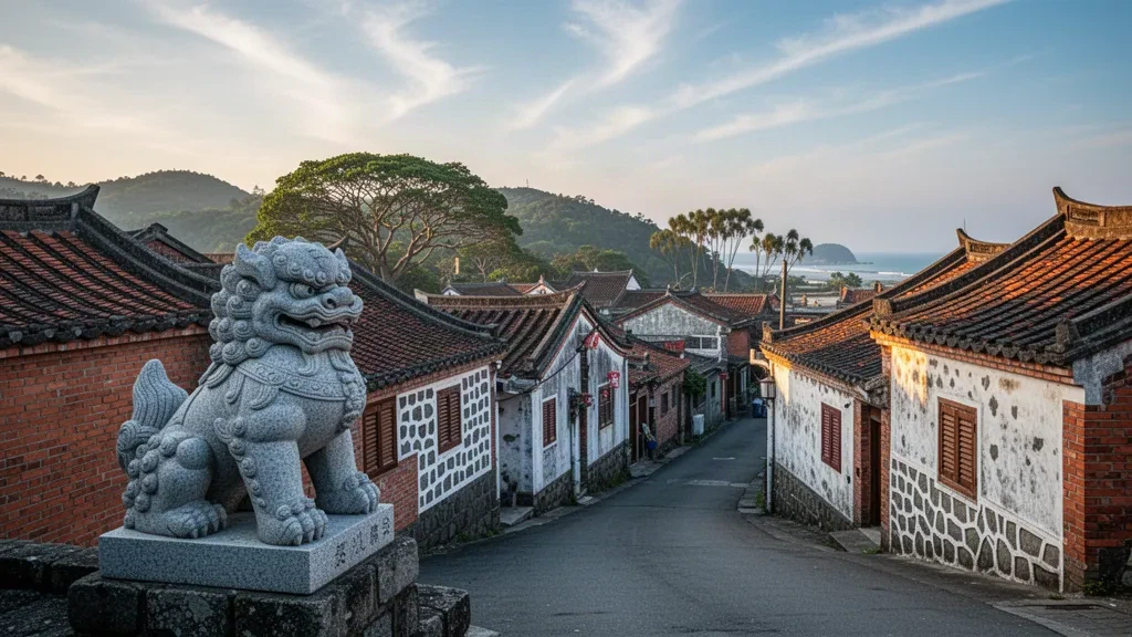 Maisons traditionnelles de style Minnan et statue de lion du vent en granit dans une ruelle d'un village de Kinmen, Taïwan, sous une chaude lumière dorée du soir
