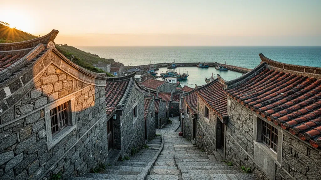 Beigan Adası'ndaki Qinbi Köyü'nün geleneksel taş evleri, Matsu Adaları, Lienchiang İlçesi, Tayvan, altın saatte.