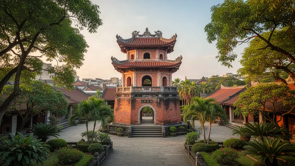 Historic Chihkan Tower in Tainan, Taiwan, framed by lush trees under warm golden-hour light.