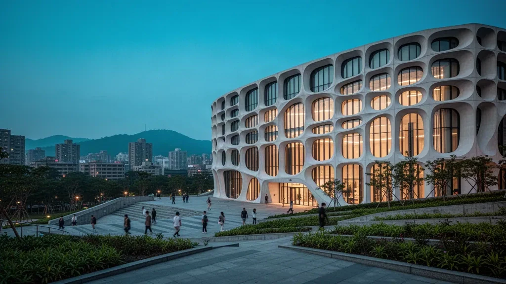 Die geschwungene weiße Fassade des National Taichung Theater leuchtet in der Abenddämmerung in Taichung, Taiwan, mit Fußgängern auf dem Platz und Stadtlichtern im Hintergrund.
