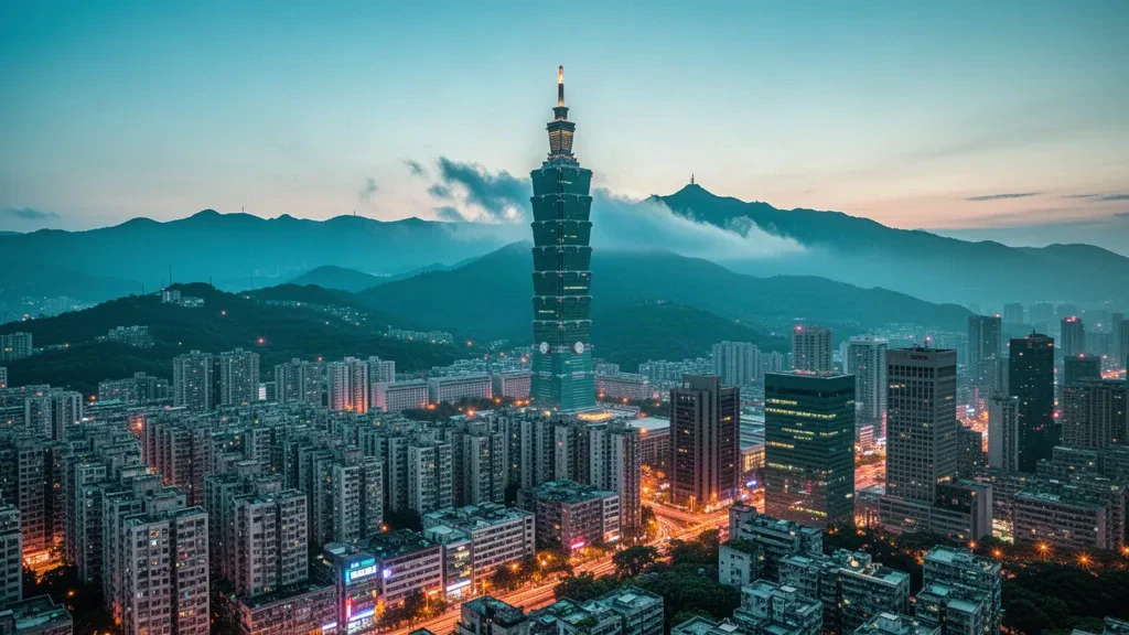 Skyline di Taipei all'ora blu con il Taipei 101 che svetta sulla città e le colline di Taiwan sullo sfondo