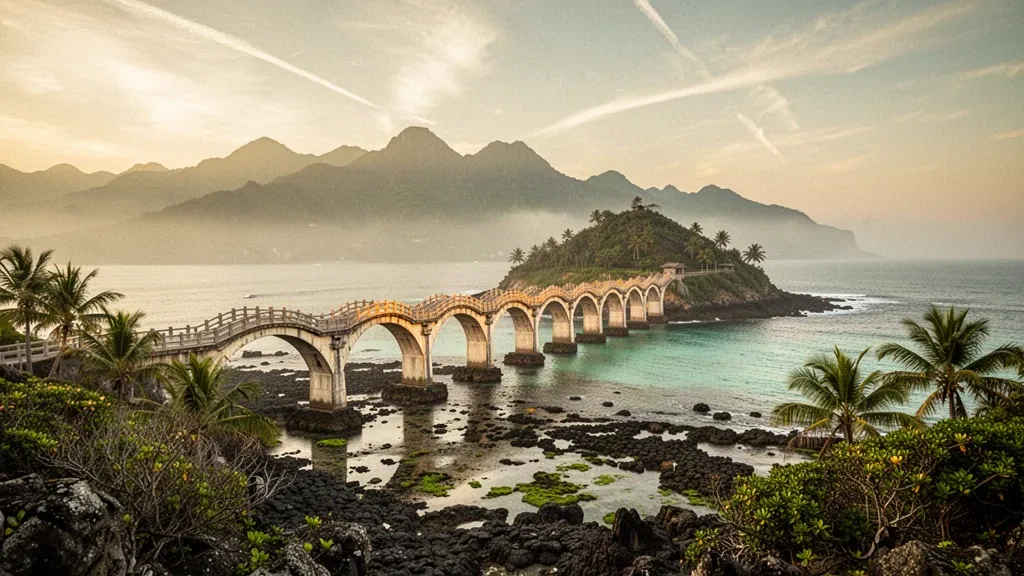 Passerelle à huit arches de Sanxiantai au-dessus d'un lagon récifal turquoise du Pacifique au lever du soleil près de Taitung, à Taïwan, avec les montagnes côtières