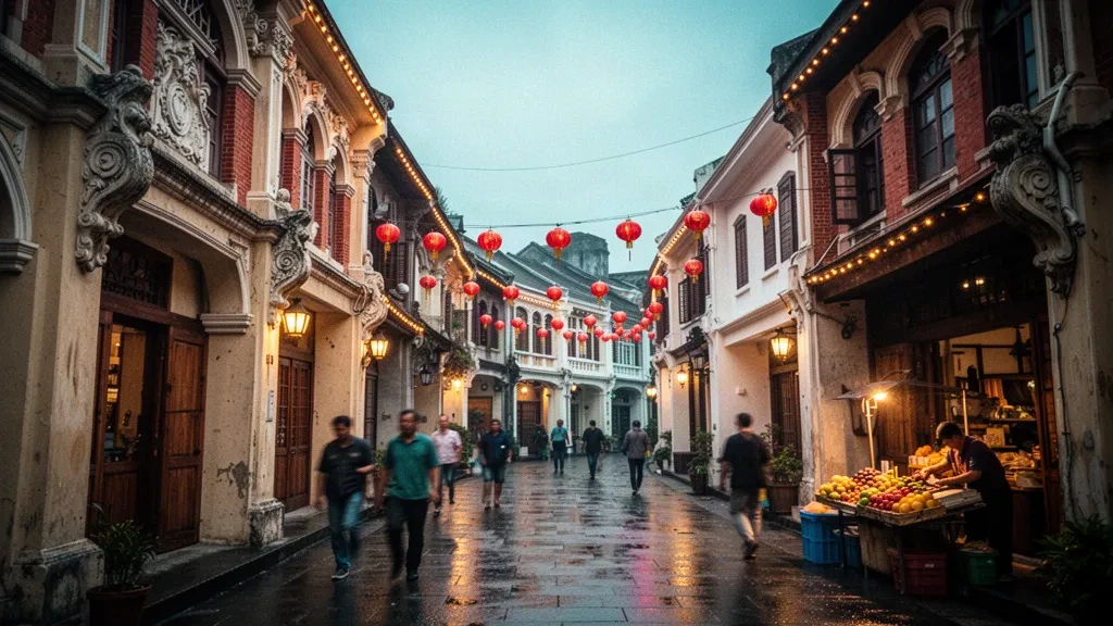 Facchiate barocche storiche e lanterne rosse lungo la Old Street di Daxi a Taoyuan, Taiwan al crepuscolo