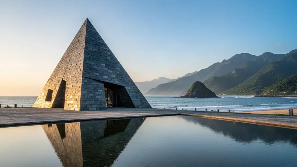 Lanyang Museum's angled slate architecture beside Wushih Harbour in Yilan, Taiwan, with Guishan Island and the Pacific Ocean at golden hour.