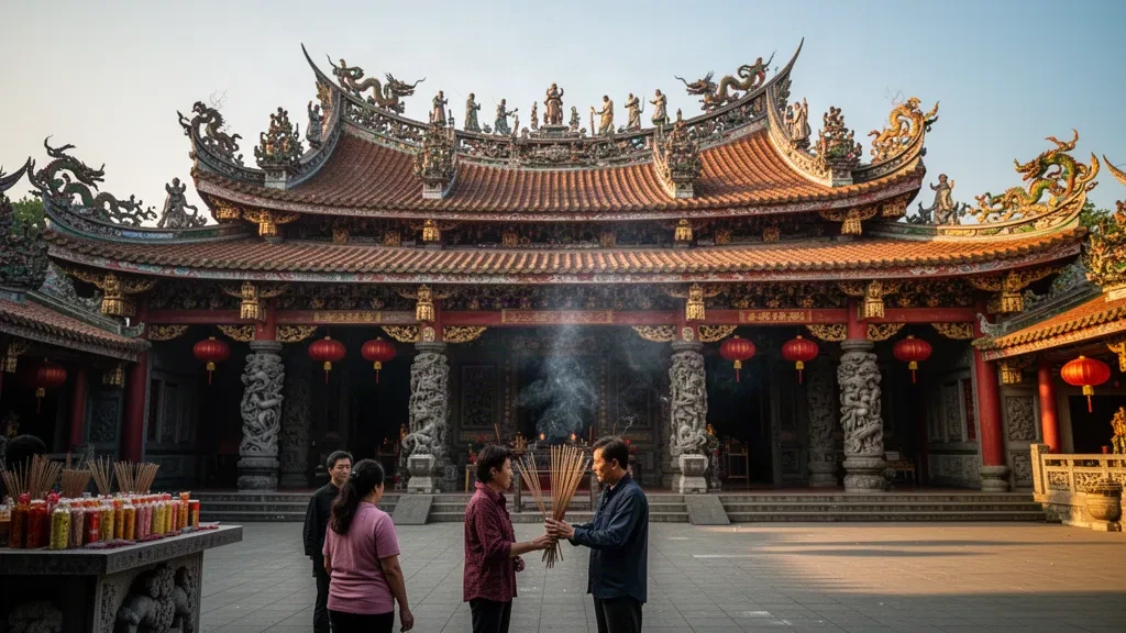 Ornamentada fachada del Templo Chaotian de Beigang en Yunlin, Taiwán, con devotos y humo de incienso flotando bajo una luz dorada