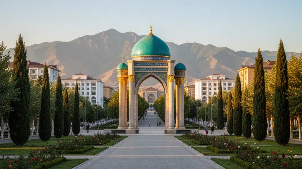 Arco del monumento a Ismoili Somoni e verde del Parco Rudaki con edifici della città di Dushanbe e montagne sullo sfondo