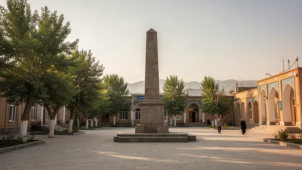 Central square of Bokhtar in Khatlon, Tajikistan, with a stone monument, civic buildings, and shade trees under warm late afternoon light.