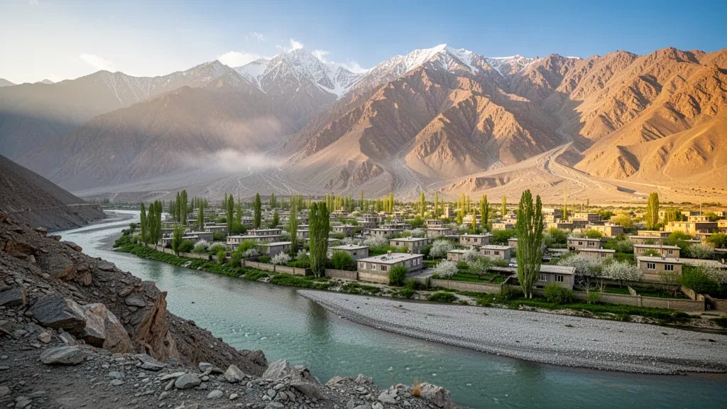 Die Stadt Khorog eingebettet in die kargen Berge des Pamir in der tadschikischen Region Berg-Badachscha im warmen Licht des späten Nachmittags