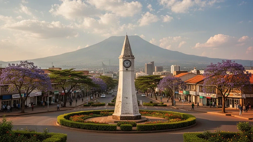 Kreisverkehr am Clock Tower von Arusha mit dem Mount Meru, der über der grünen Skyline der Stadt in Tansania aufragt