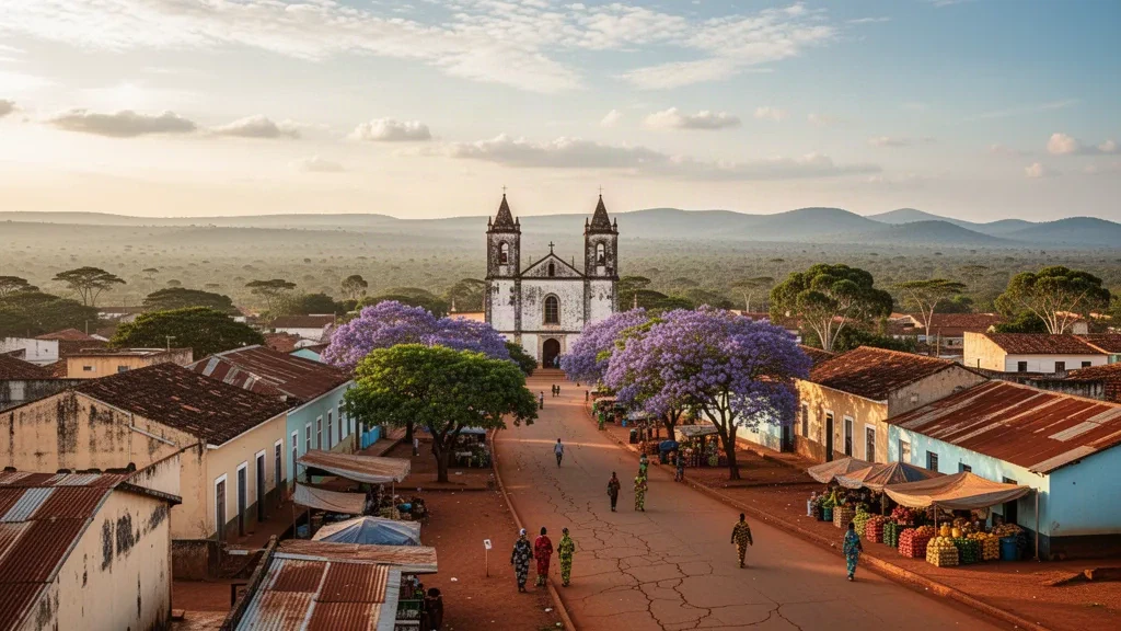 Vista durante la hora dorada de la catedral de Kuito y las avenidas coloniales arboladas en el horizonte de la meseta de Bié en Angola