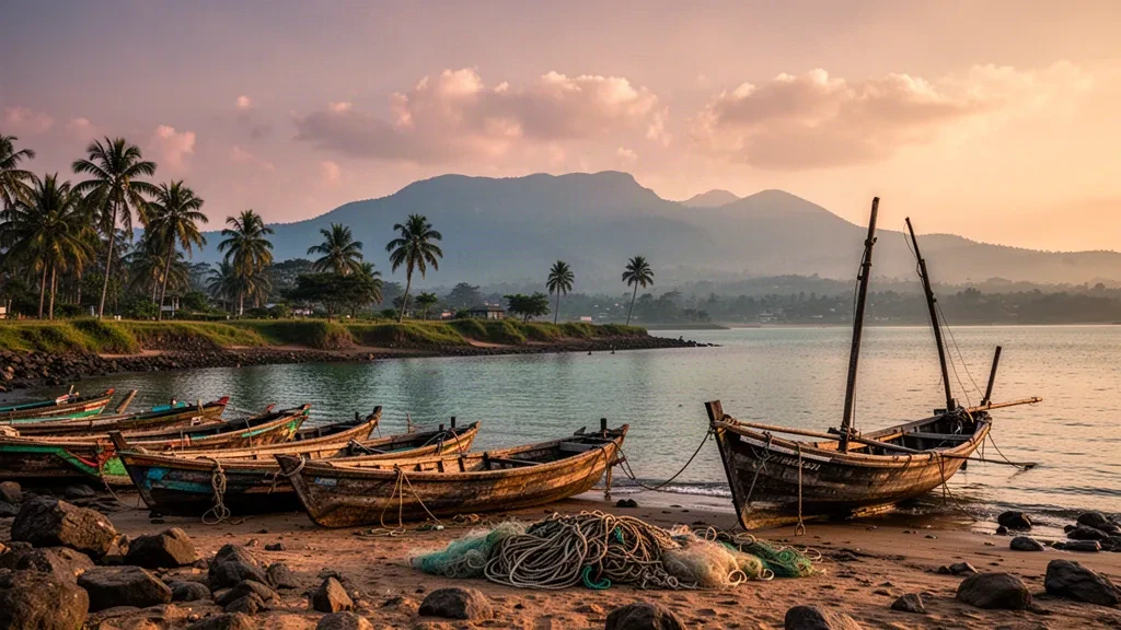 Heure dorée sur le lac Tanganyika à Kigoma, en Tanzanie, avec des bateaux de pêche en bois sur le rivage et les monts Livingstone au loin