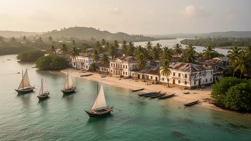 Dhows moored at Lindi Bay waterfront in Tanzania, with coconut palms and colonial-era buildings along the Indian Ocean coast