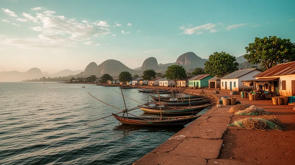 Veduta dell'ora d'oro del porto di Musoma sul Lago Vittoria nella Regione di Mara in Tanzania, con barche da pesca in legno lungo la riva