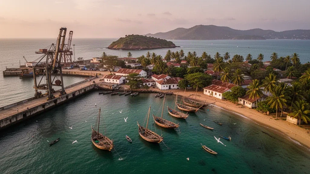 Vue à l'heure dorée sur le port de Mtwara en Tanzanie avec des boutres amarrés, un littoral bordé de palmiers et la côte de l'océan Indien