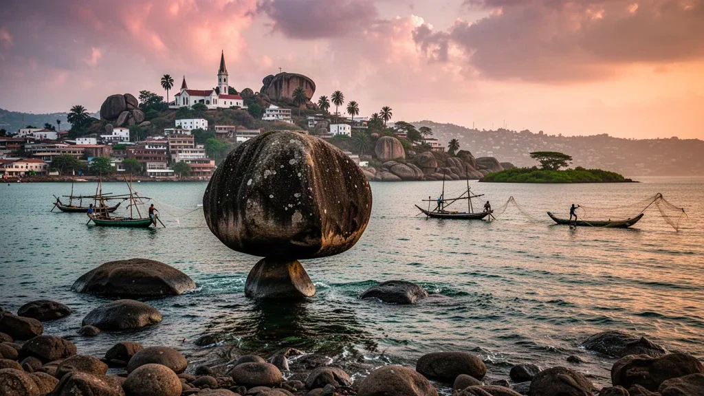 Bloc de granite en équilibre de Bismarck Rock sur la rive du lac Victoria avec la ville de Mwanza et des bateaux de pêche à l'heure dorée