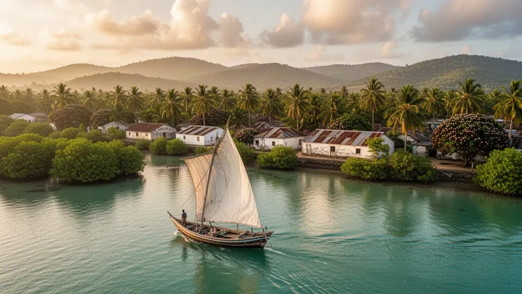Dhow traditionnel naviguant dans la baie de Chake Chake à l'heure dorée à Pemba Sud, en Tanzanie