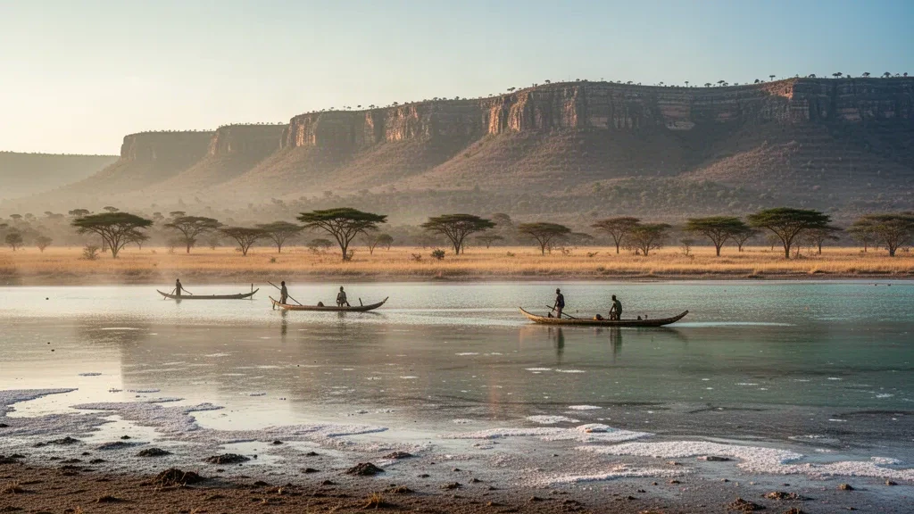 Sunrise over Lake Rukwa in Tanzania's Rukwa Region, with wooden fishing canoes and the rift valley escarpment behind