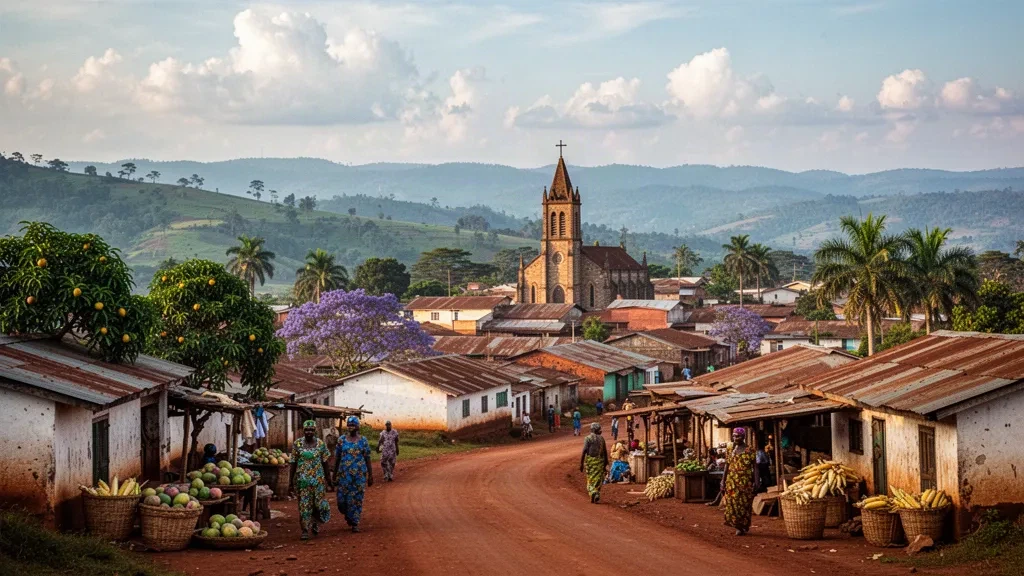 La città di Songea su verdi creste degli altipiani nella Regione di Ruvuma in Tanzania durante l'ora d'oro, con tetti e una torre della cattedrale