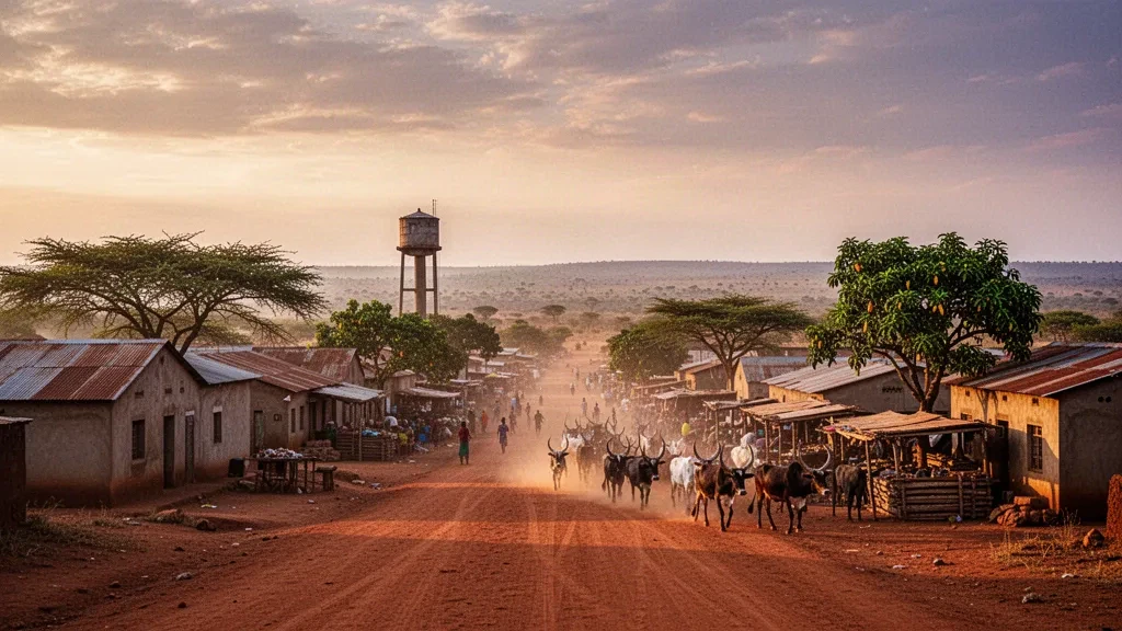 Golden-hour view of Shinyanga town in Tanzania with low-rise buildings, acacia trees, a market and dusty plains at sunset
