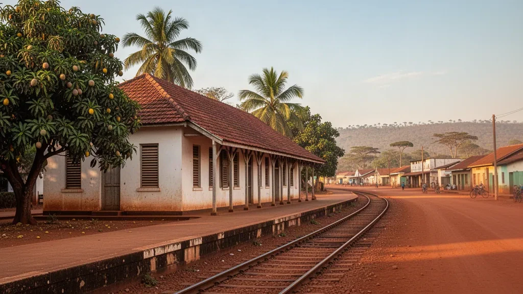 Historic colonial-era railway station in Tabora, Tanzania, framed by palms and dusty red-earth streets in warm late-afternoon light