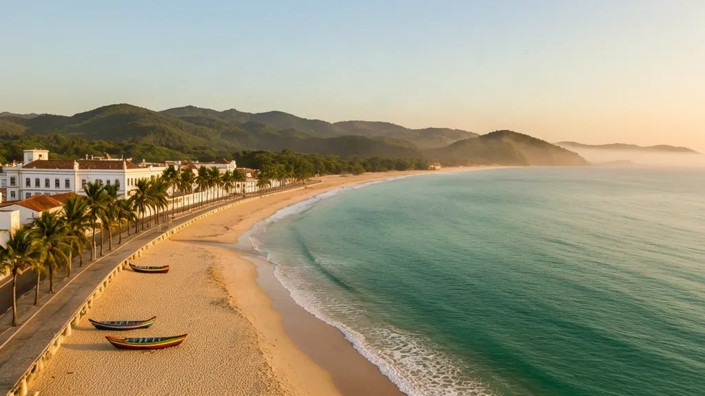 Paisaje costero urbano de Sumbe en Cuanza Sul, Angola, con una bahía atlántica, un paseo flanqueado por palmeras y arquitectura colonial a la hora dorada