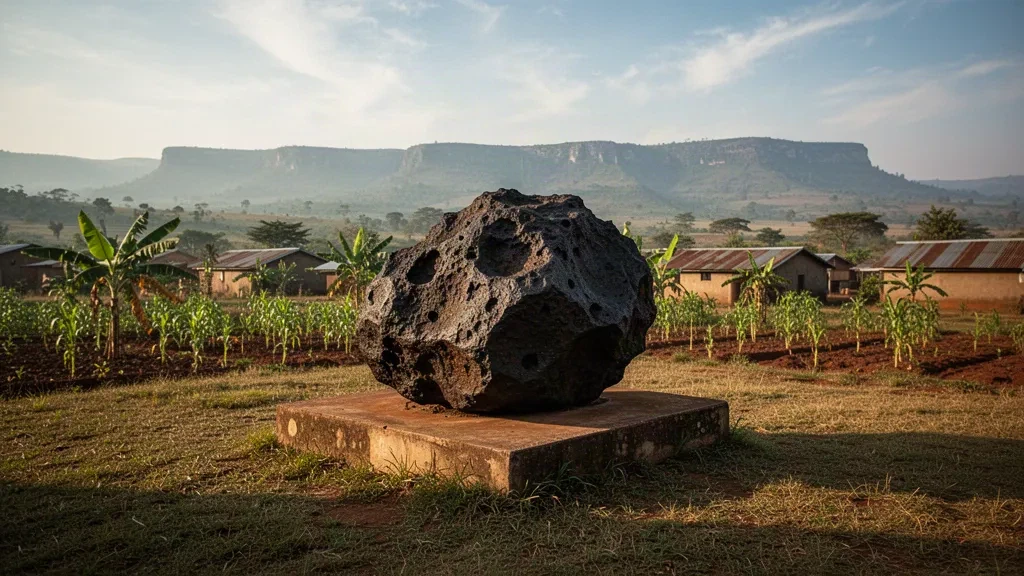 Le bloc de la météorite de Mbozi reposant sur un plateau herbeux à Songwe, en Tanzanie, sous une lumière dorée de fin d'après-midi avec des collines lointaines des hauts plateaux