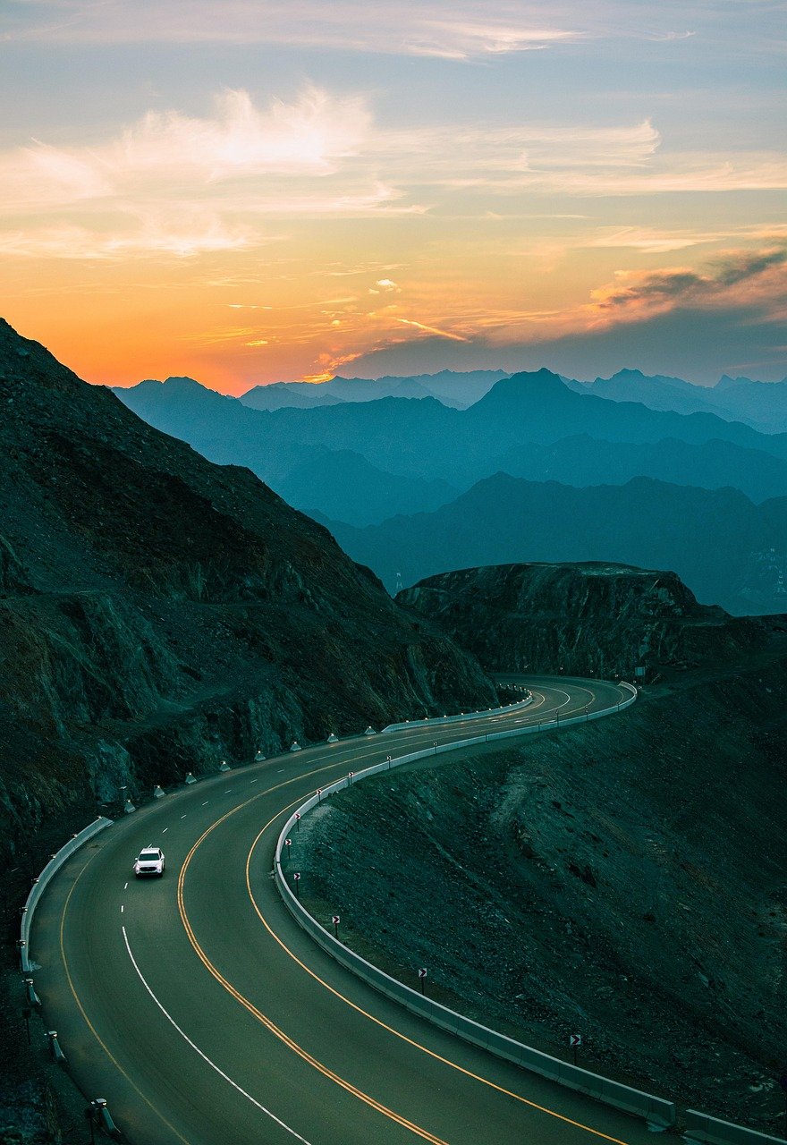yol, dağ, manzara, doğa, araç duvar kağıtları, altyapı, tepe, gökyüzü, gün batımı, virajlı, viraj, otoyol, gezi, araba