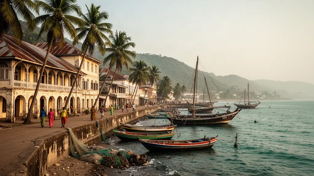 Lungomare del porto di Tanga in Tanzania con tradizionali barche dhow, passeggiata alberata di palme e storici edifici coloniali tedeschi