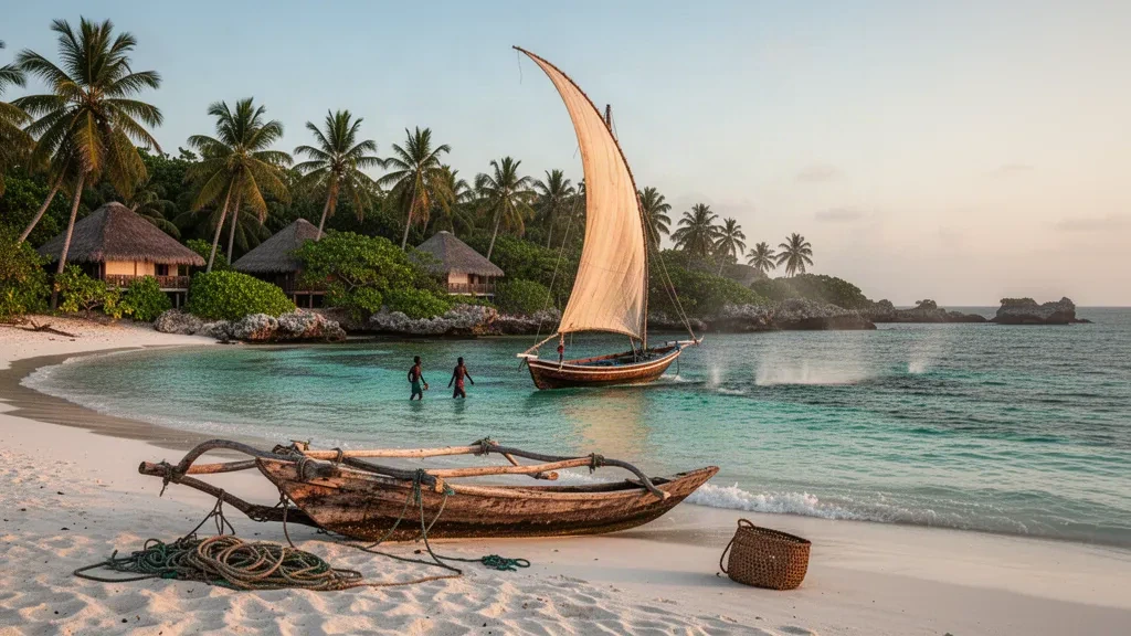 Traditional dhow sailing over turquoise water at Nungwi Beach in Zanzibar North, Tanzania, with white sand and palm trees at golden hour