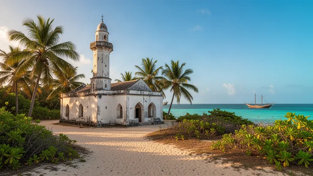 Historic Kizimkazi Mosque in Zanzibar South, Tanzania, a whitewashed coastal landmark under bright sunlight.