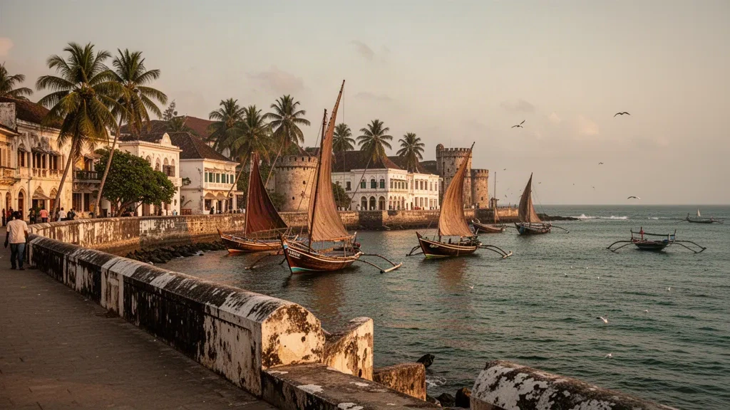 Traditional dhow boats along the Stone Town waterfront in Zanzibar City, Tanzania, glowing at golden hour